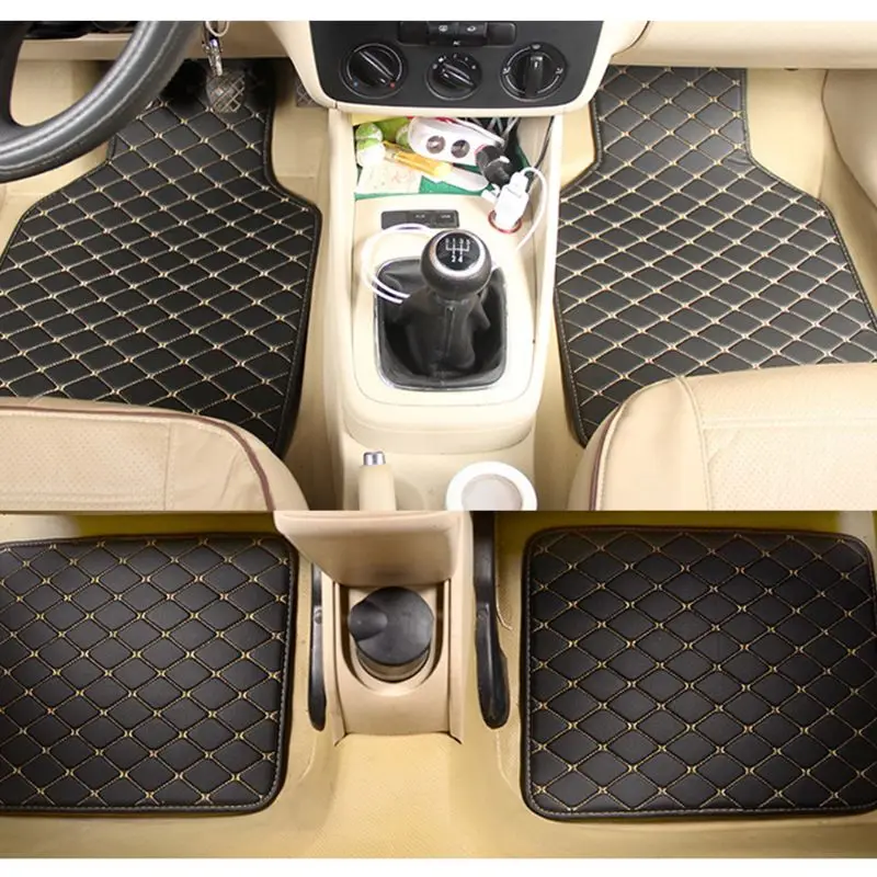 4pc Universal Fit PU Leather Beige Car Floor Mat Non-Slip Auto Carpet Waterproof Foot Pads Protector