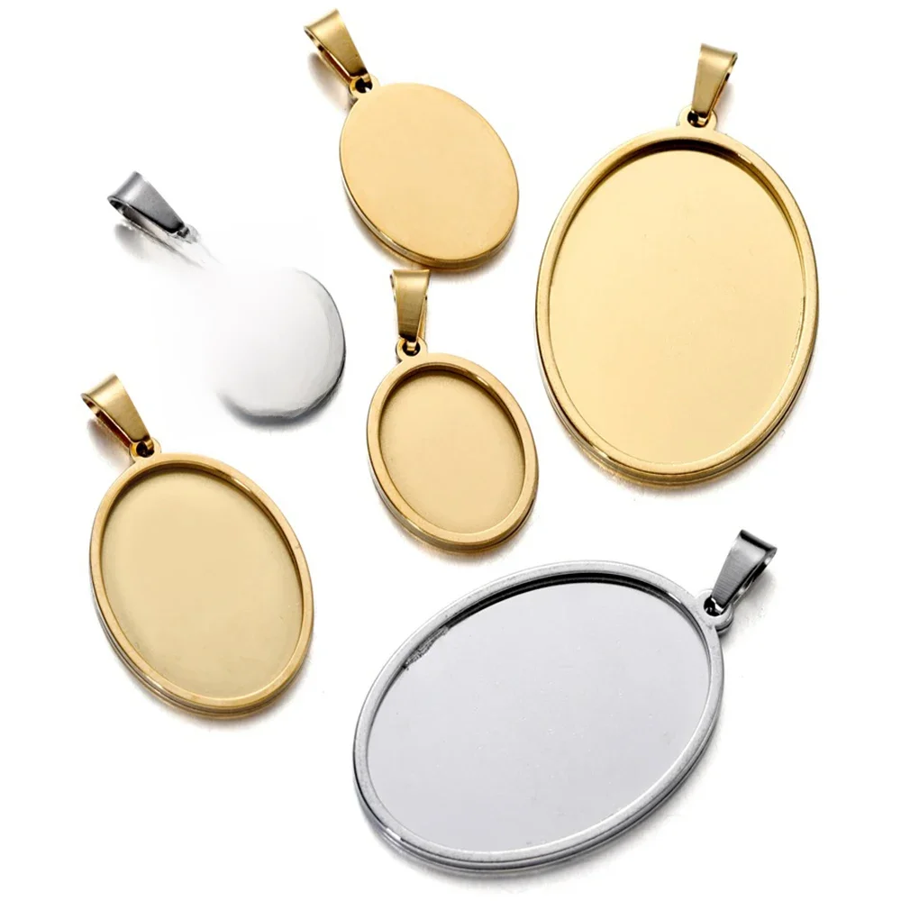 5Pcs/Lot Stainless Steel Pendant Blank Setting Oval Cabochon Base Cameo Charm Pendant for DIY