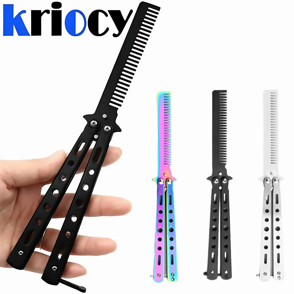 Hot Butterfly Knife Comb Foldable Comb Stainless Steel Practice Training Beard Moustache Brushe