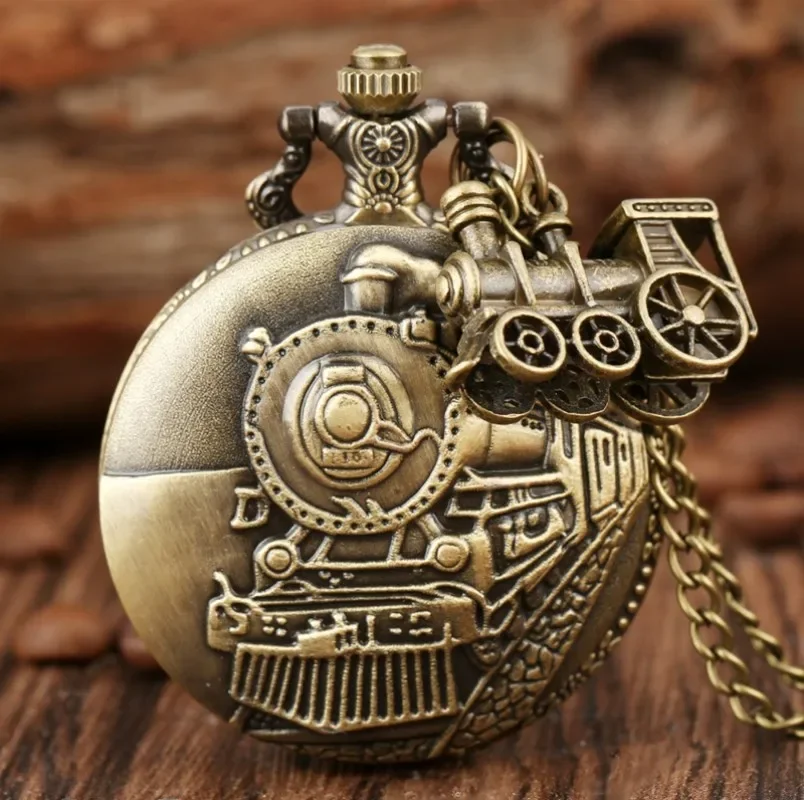 Classic Retro Steampunk Train Quartz Pocket Watch with Necklace Chain Pendant Gift for Male Men
