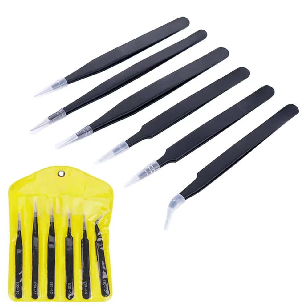 6pcs Precision Tweezers Set ESD Anti-Static Stainless Steel Tweezers Repair Tools for Electronics