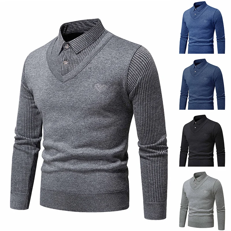 Autumn and Winter New Men's Fake Two Piece Sweater with Fleece and Slim Fit Polo Collar Knitted
