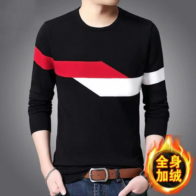Thicken Fleece Autumn Winter Men Knitted Sweater Korean Fashion New Contrast Bottoming Basic Male