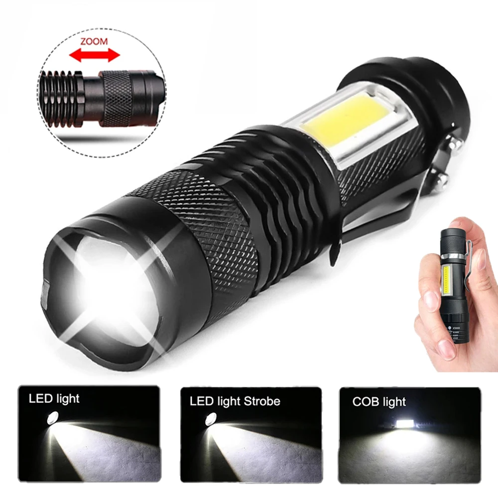 Q5 LED Mini Flashlight Built In Battery Zoom Torch COB Lamp 2000 Lumens Adjustable Outdoor