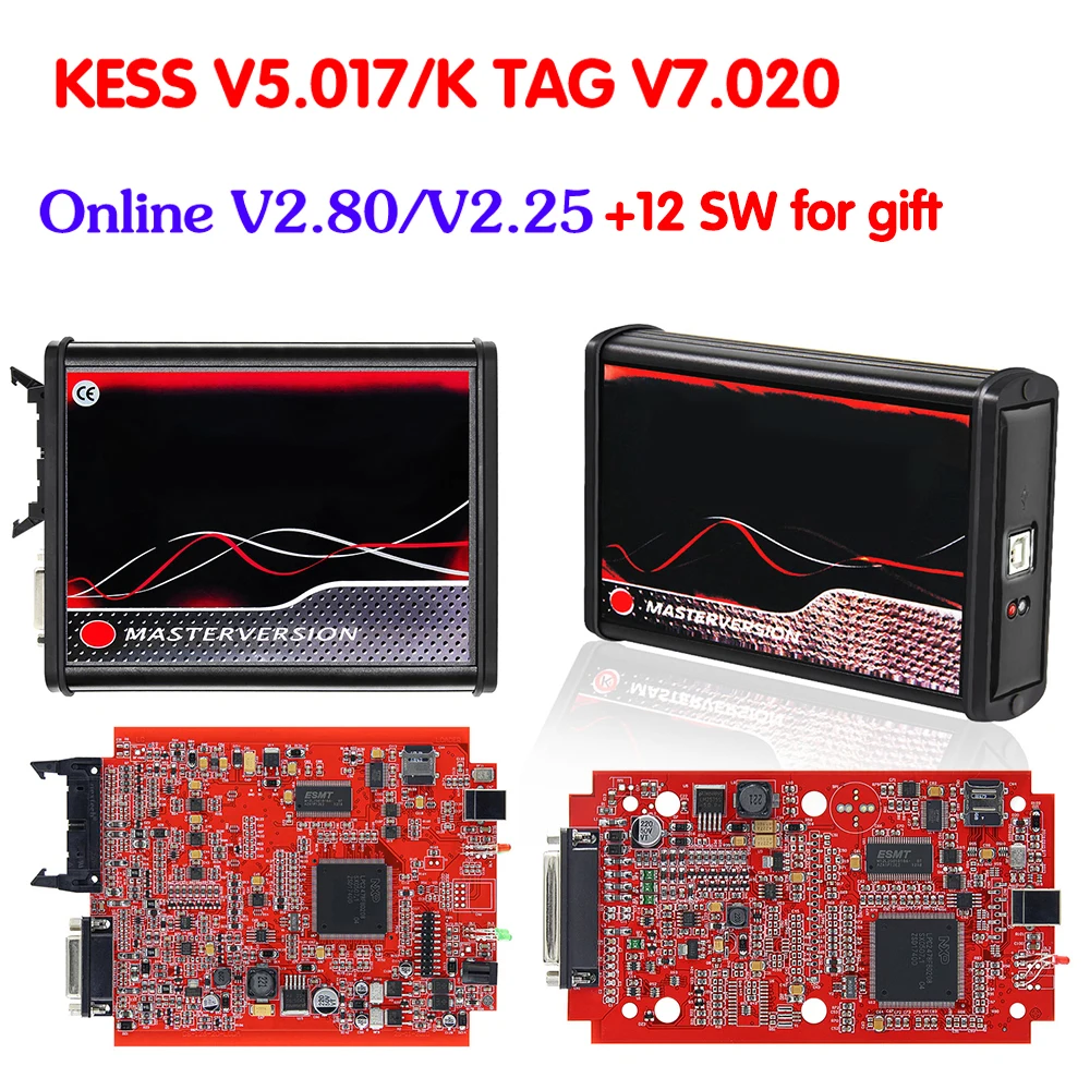 Online Unlimited KESS 2.80 EU Red V5.017 KTAG V7.020 4 LED 2.25 OBD2 OBD2 Car ECU Chip Tuning Kit
