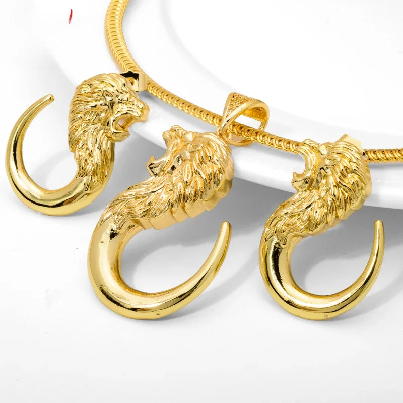 Sunny Jewelry Sets Hip Hop Lion Head Exaggerated Design Earrings Pendant Necklace  Women Copper Gold