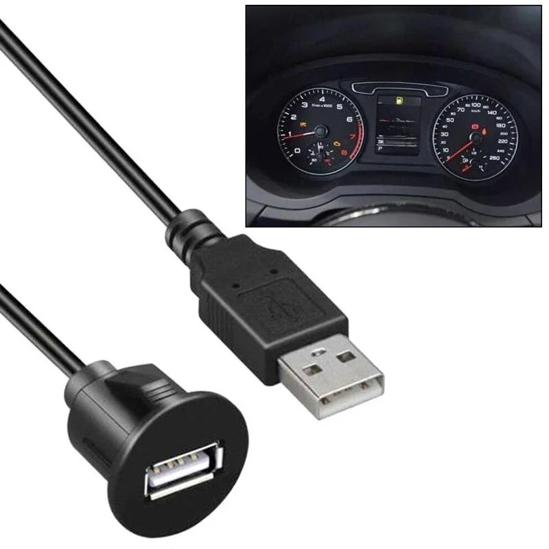 1M Socket Cable USB 2.0 Auto Car SUV Flush Mount Male to Female Extension Cord Dashboard Panel Audio