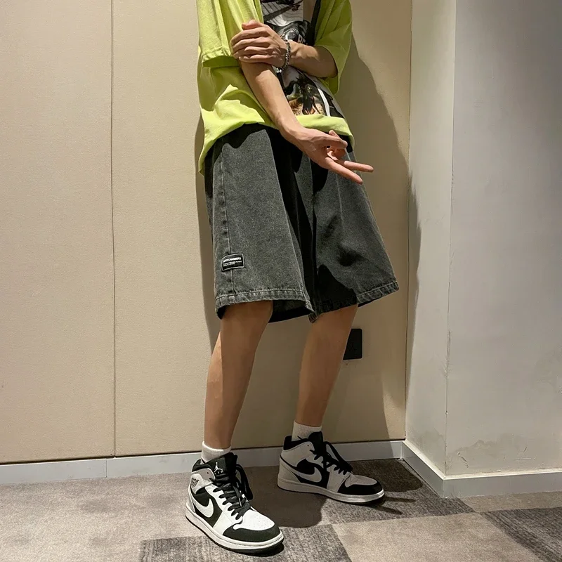 Korean Style Summer Men's Black Wide Leg Denim Shorts 2023 New Fashion Casual Baggy Short Jeans Male