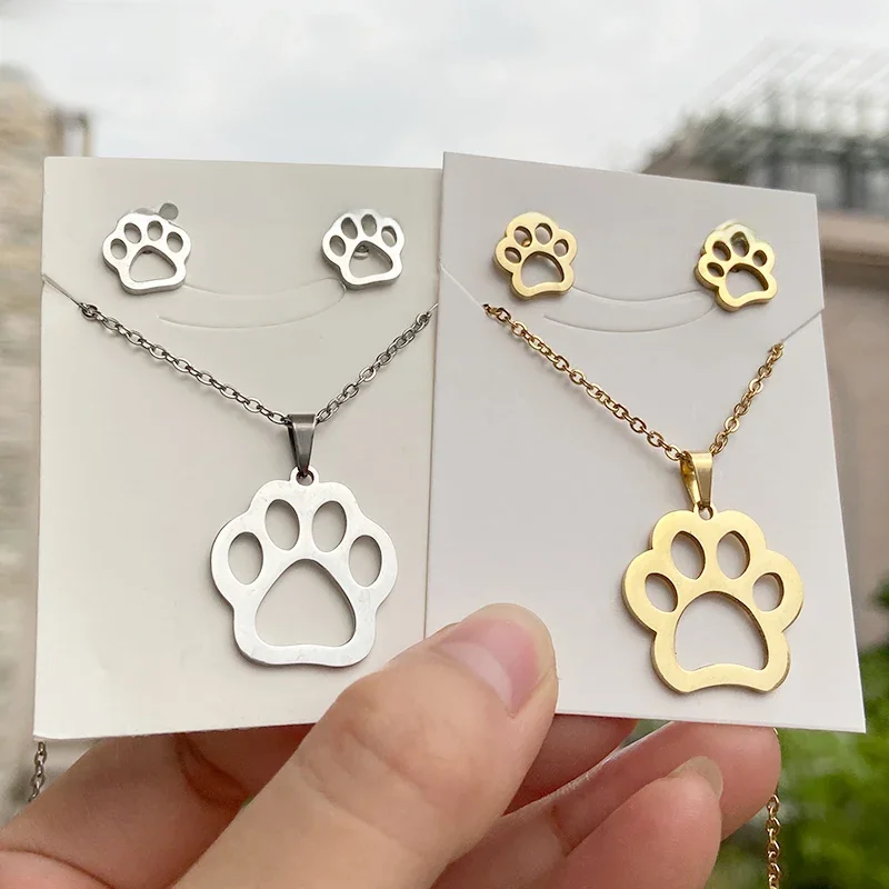 Stainless Steel Paw Necklace Earring for Women Simple Hollow Dog Paw Jewelry Sets Cute Cat Pendant