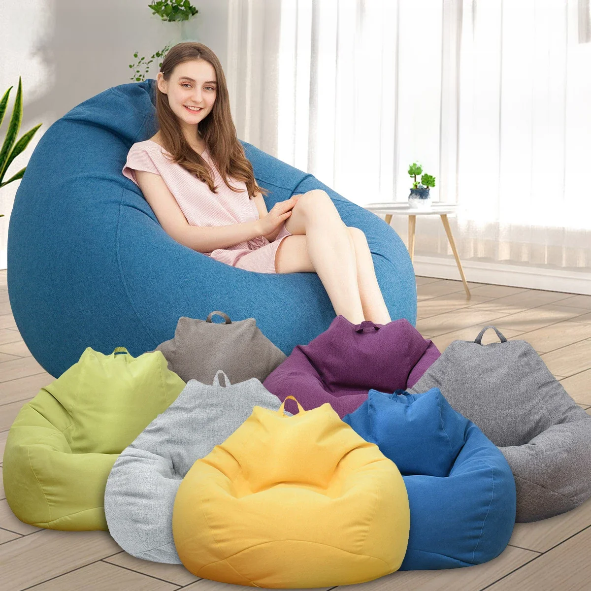 Lazy Sofa Cover Without Filler Linen Cloth Solid Lounger Bean Bag Sofa Covers Pouf Puff Couch Tatami