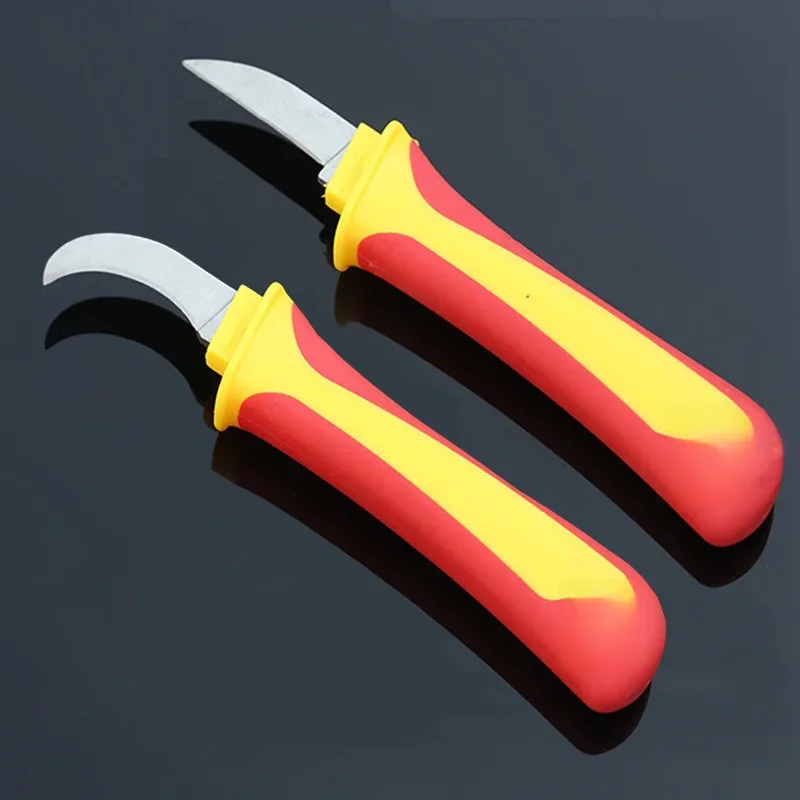 Insulated Knife Electricians Wire Stripper Cable Stripping Snips Straight Curved Blade Rubber Handle