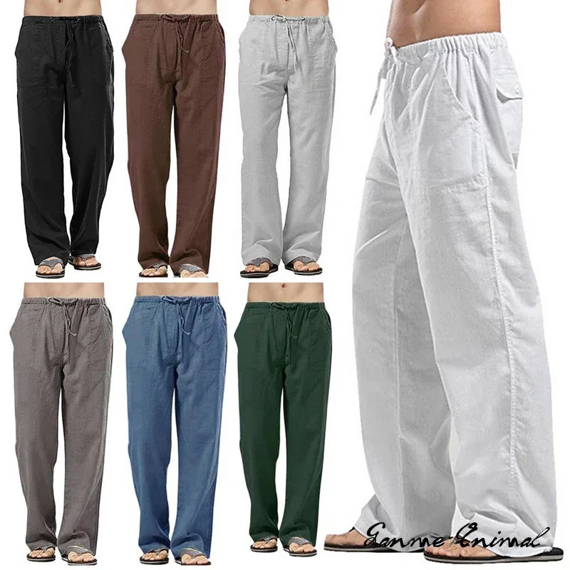 Fashion Mens Linen Wide Pants Korean Trousers Oversize Sports Streetwear Male Spring Yoga Pants