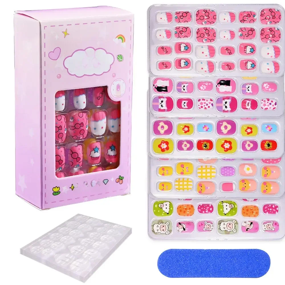 120/24pcs/box Kids Cartoon Pattern Wearing Fake Nails with 5pcs Jelly Glue & 1 Pcs File Candy Color