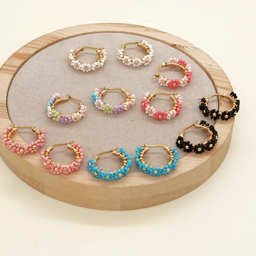 Go2boho New In Summer woman Jewelry Daisy Beaded Handmade Hoop Earrings 316L Stainless Steel Earing