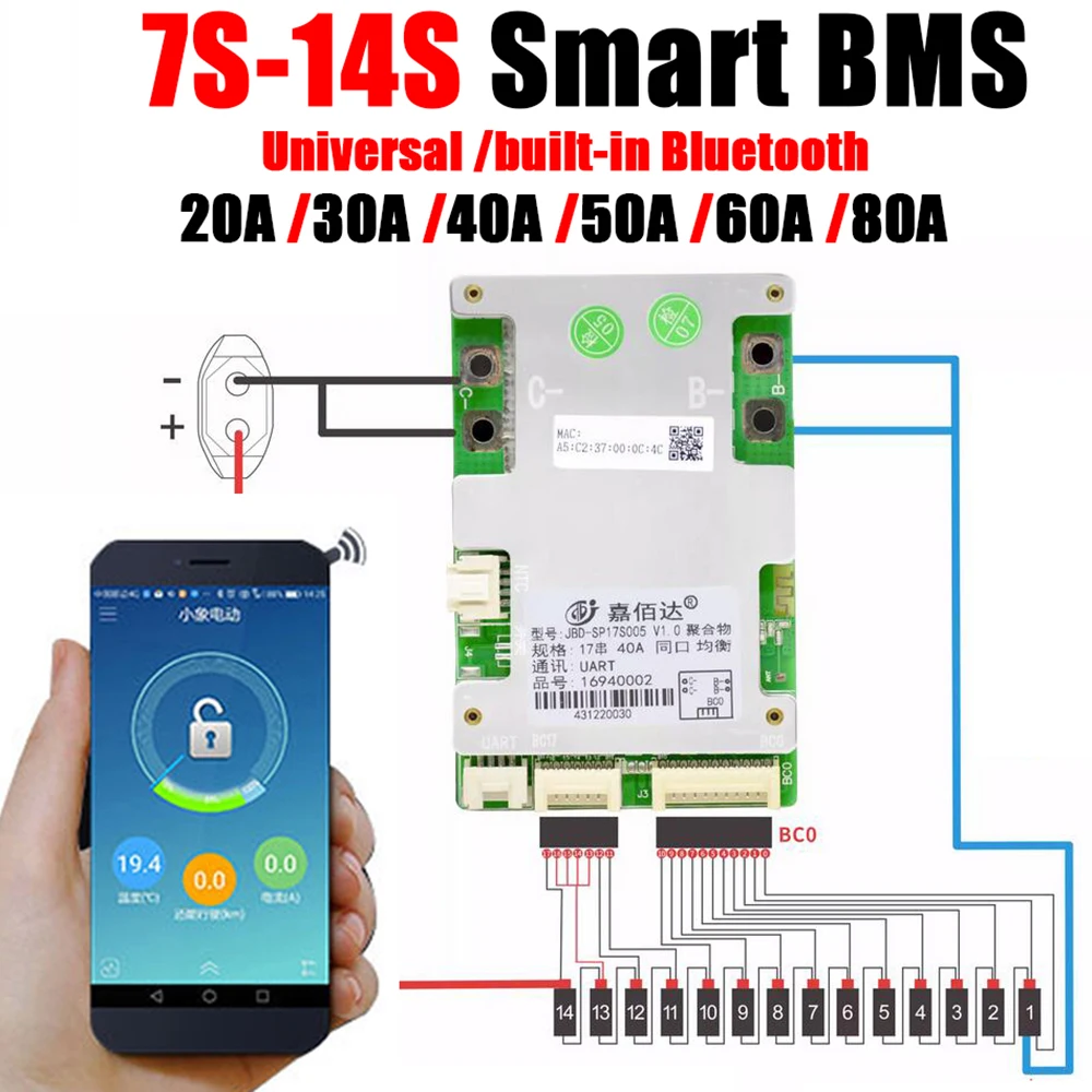 JBD Bluetooth Smart BMS 7S to 17S 10S 13S 14S 16S Lithium Battery Protection Board 24V 36V 48V 60V
