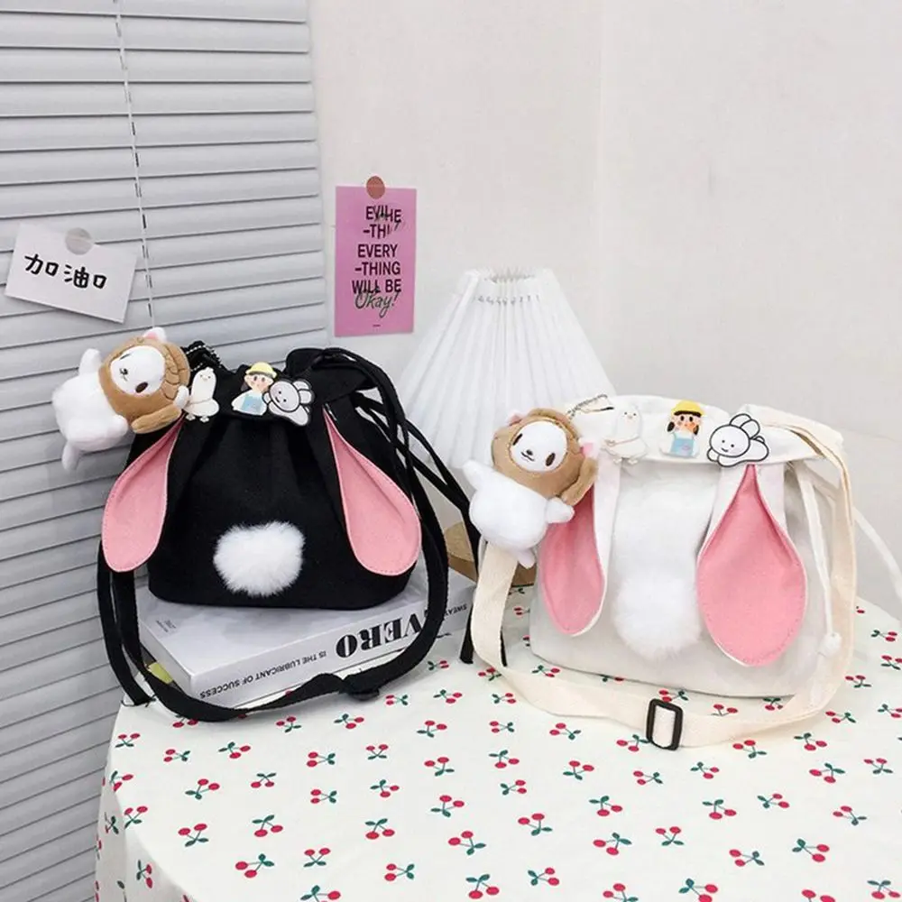 Fashion Women Canvas Crossbody Bags Female Cute Rabbit Shoulder Messenger Bag Drawstring Bucket Bag