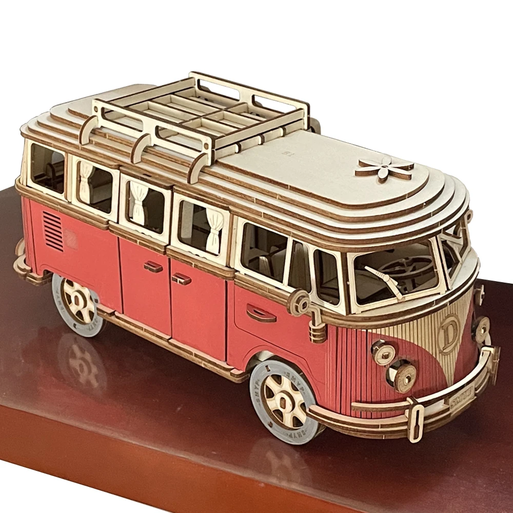 3D Car Wooden Puzzle Retro Bus Camper Van Sailboat Airplane House Model DIY Kids Learning