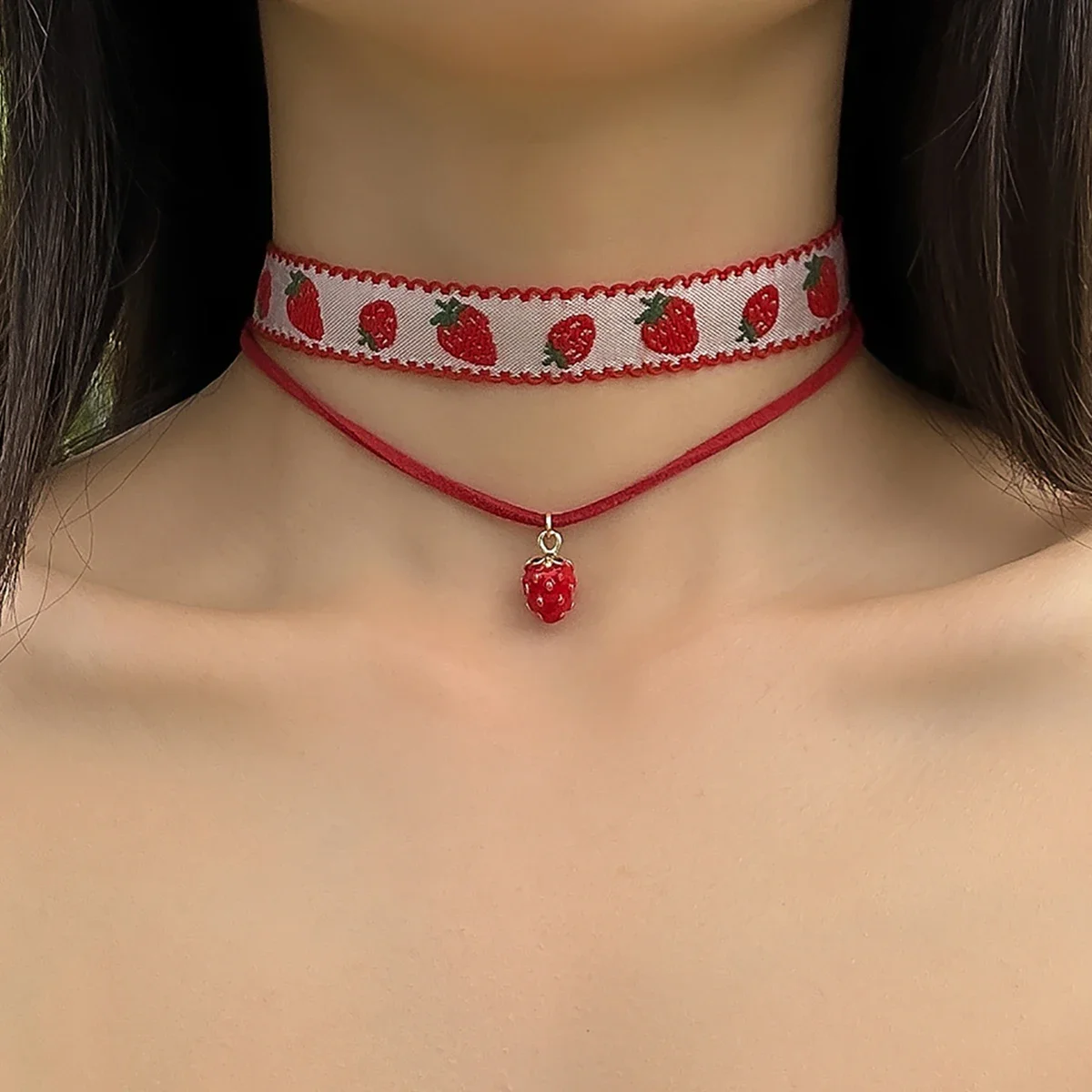 Salircon Gothic Cute Strawberry Korean Velvet Choker Exquisite Small Strawberry Pendant Lock Bone