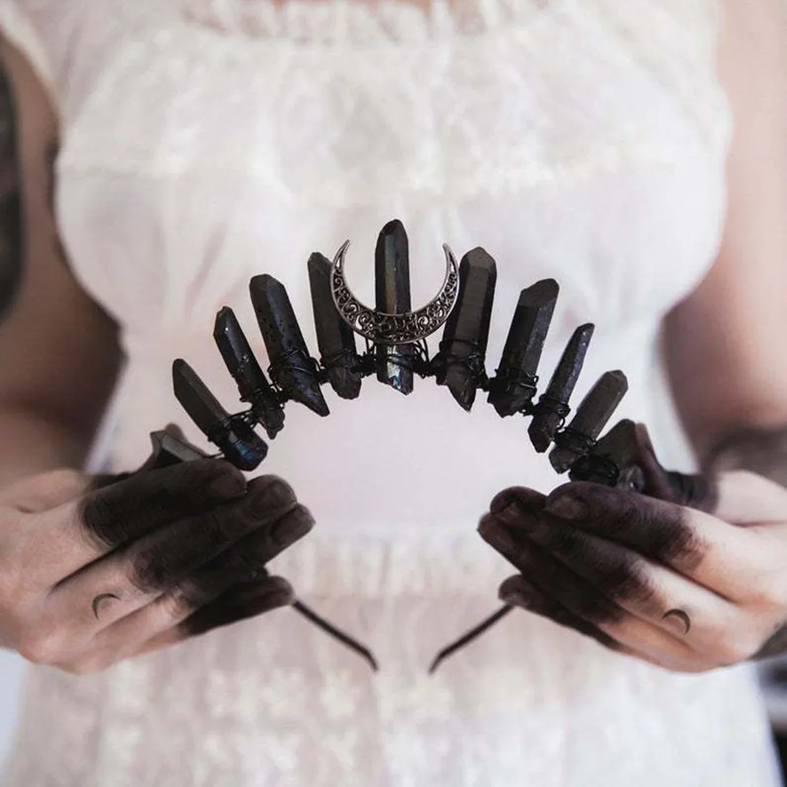 Black Crystal Crown with Moon - Counteracts Negative, Energizes Positive Energy - Quartz Goddess