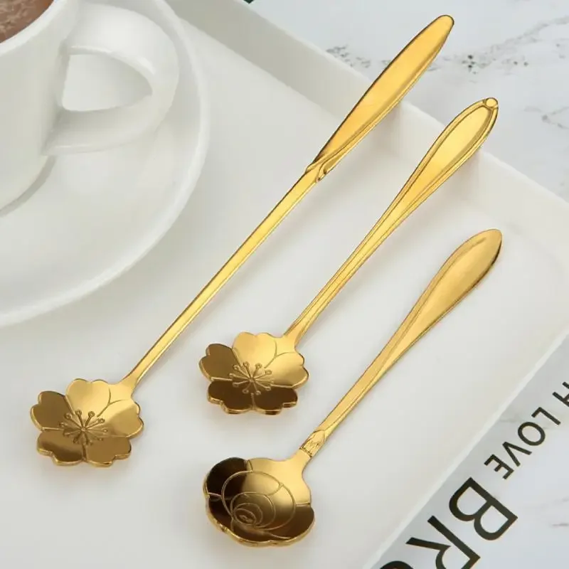 New Flower Spoon Set Small Teaspoon Coffee Spoon Cute Ice Cream Dessert Spoon Silver Gold Stainless