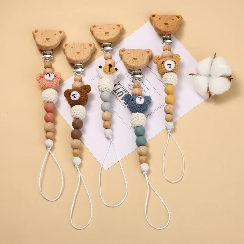 Baby Beech Wood Pacifier Clip Cartoon Animal Crochet Beads Silicone Nipple Chain For Teether Nursing
