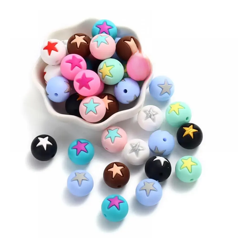 10Pcs 10mm Food Grade Silicone Teether Beads Colorful Round Pentagram Beads For DIY Necklace