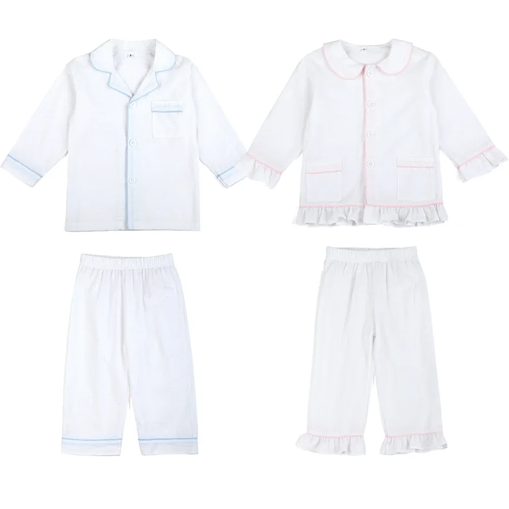 Ruffkids Summer Children Pajamas Sets White Seersucker baby Clothes Girls Boys Sleepwear Long Sleeve