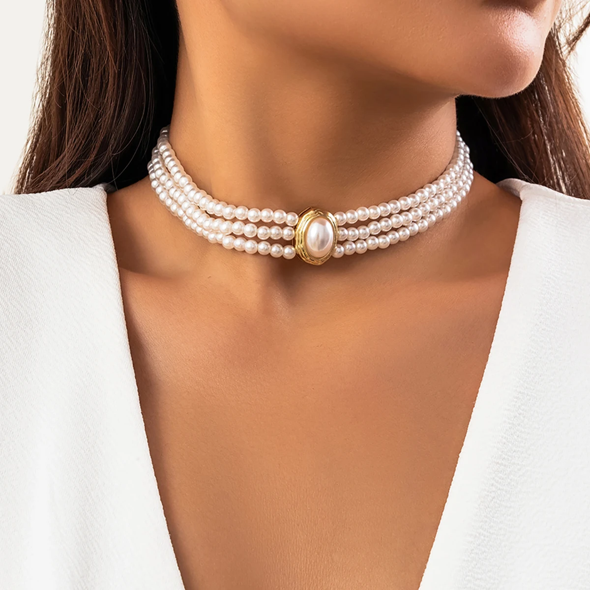 PuRui Elegant Imitation Pearl Necklace Multi-layer Handmade Strand Beads Natural Stone Choker Women