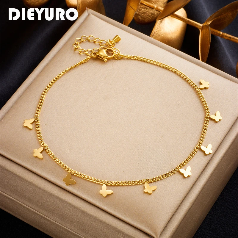 DIEYURO 316L Stainless Steel Gold Color Butterfly Anklets For Women Girl New Trend Leg Chain