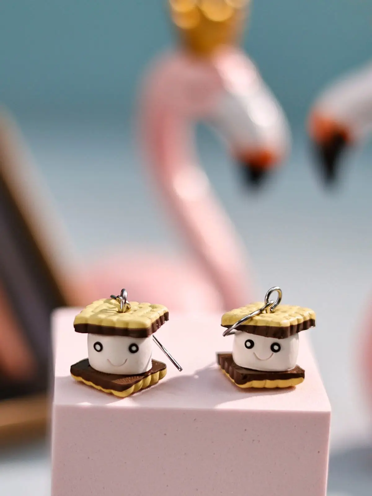 A Pair of Adorable Marshmallow Sandwich Cookie Design Drop Dangle Earrings - Handmade from Clay in