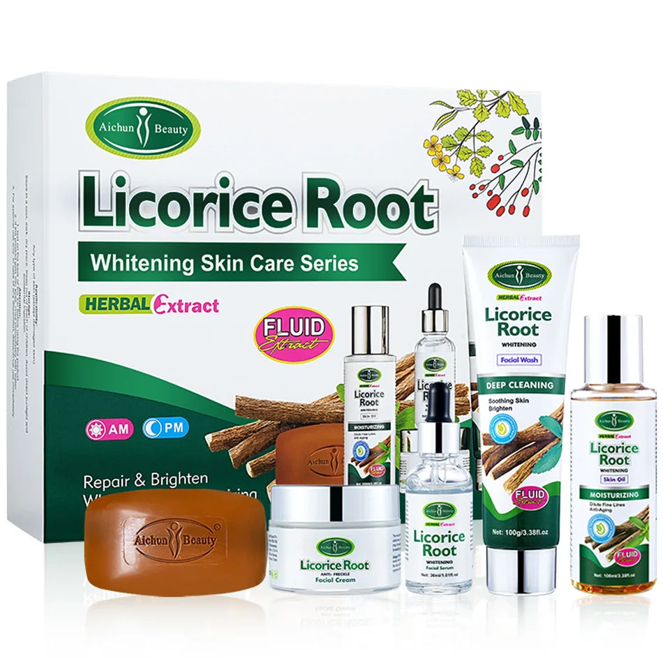 5pcs Licorice Root Face Skincare Set Anti-freckle Whitening Serum Fade Acne Marks Moisturizing Soap