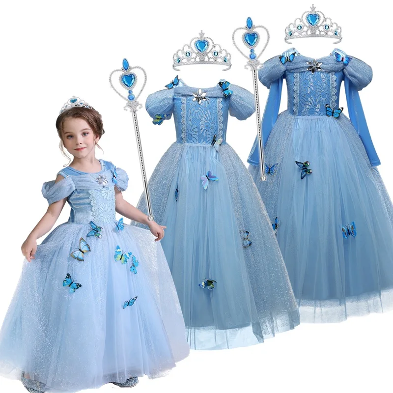 Girls Cinderella Cosplay Princess Costume with Butterflies Children Halloween Disguise Birthday