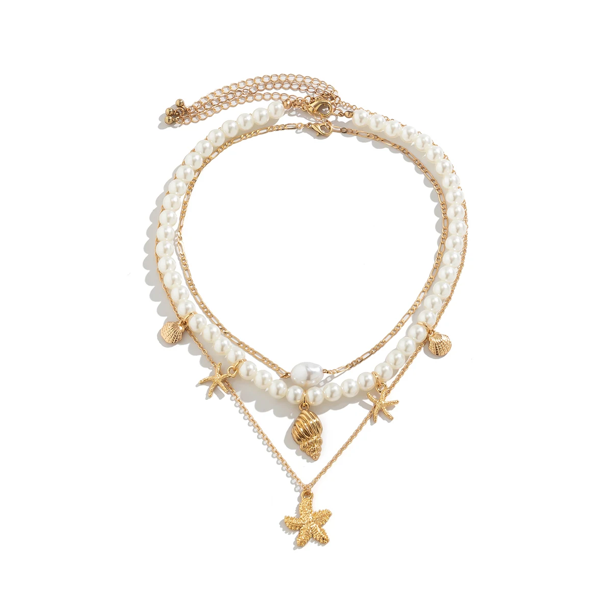 PuRui Gold Color Starfish Shape Pendant Necklace Imitation Pearl Beads Choker for Women Vintage