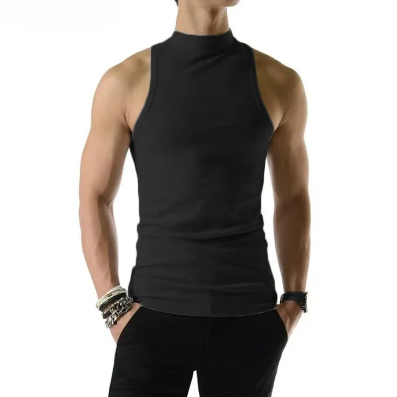 2023 Men Tank Tops Solid Color Turtleneck Sleeveless Knitted Casual Vests Summer Streetwear Fashion