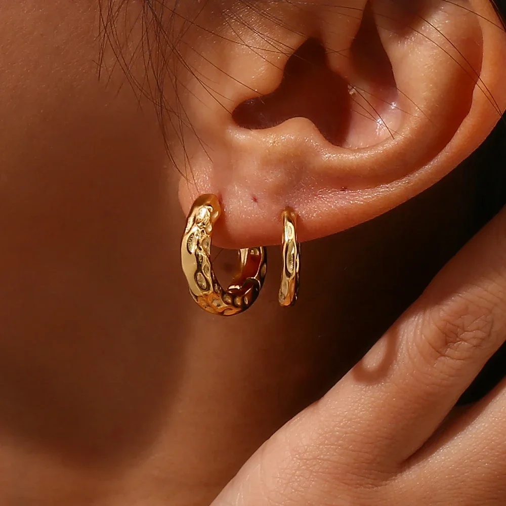 2 sizes Chunky Thin Hammered Gold Plated Hoop Earrings For Women Girl's Vintage Jewelry New in