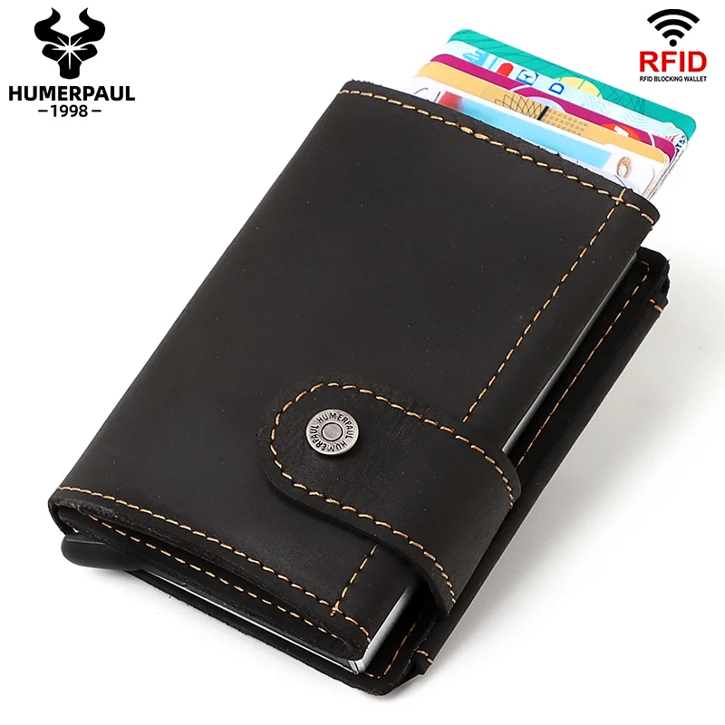 Cowhide Leather Pop-Up Credit Card Holder RFID Blocking Bank Card Case Minimalist Wallet for Men