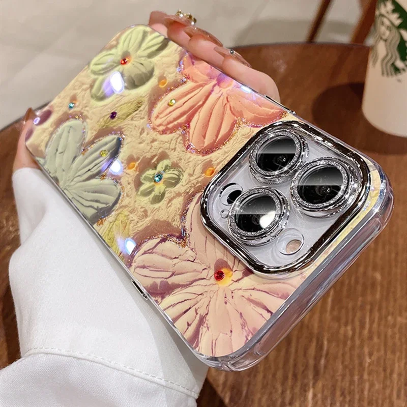Luxury Fashion Flowers Glitter Laser Phone Case For iPhone 11 12 13 14 15 16 Pro Max Diamond