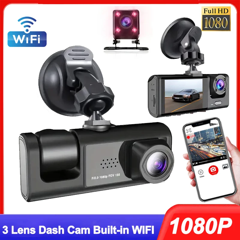 3Channel 1080P Car Dvr WIFI Dash Cam for Cars Recorder Video Front Camera for Vehicle Rear View