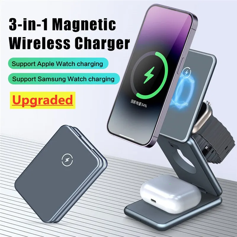 3 In 1 Magnetic Wireless Charger Stand Pad for iPhone 15 14 13 Samsung Galaxy Watch IWatch Foldable