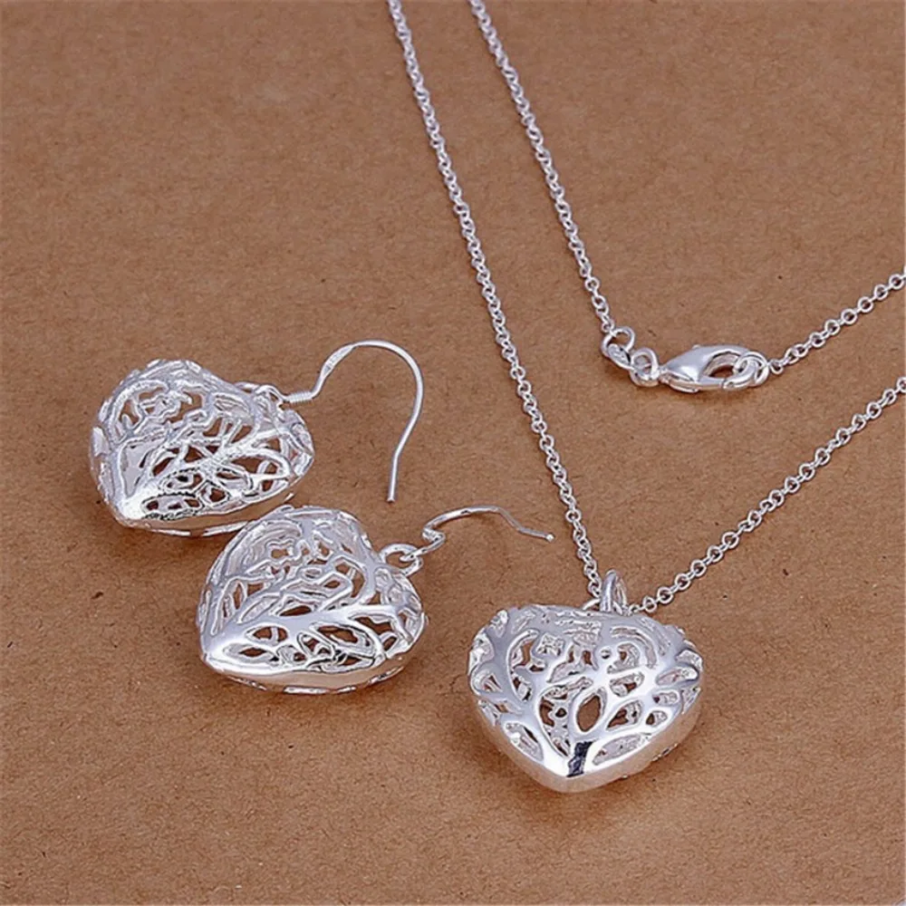 Hot Charm Silver COLOR  Necklace Earrings Jewelry Set for Women Heart Hollow Fashion Party Christmas