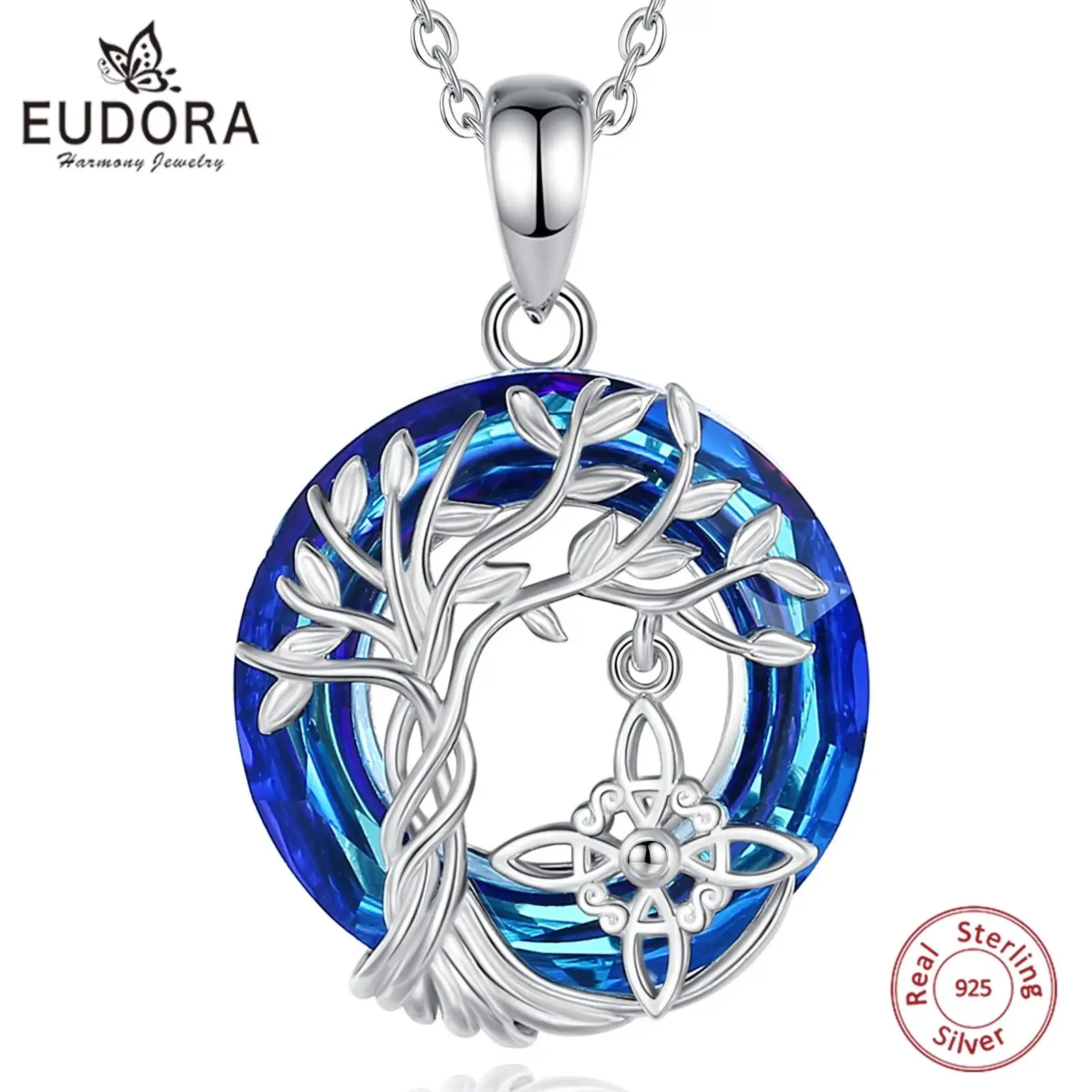 Eudora 925 Sterling Silver Witch Knot Necklace for Men Women Austrian Crystal Tree of Life Amulet