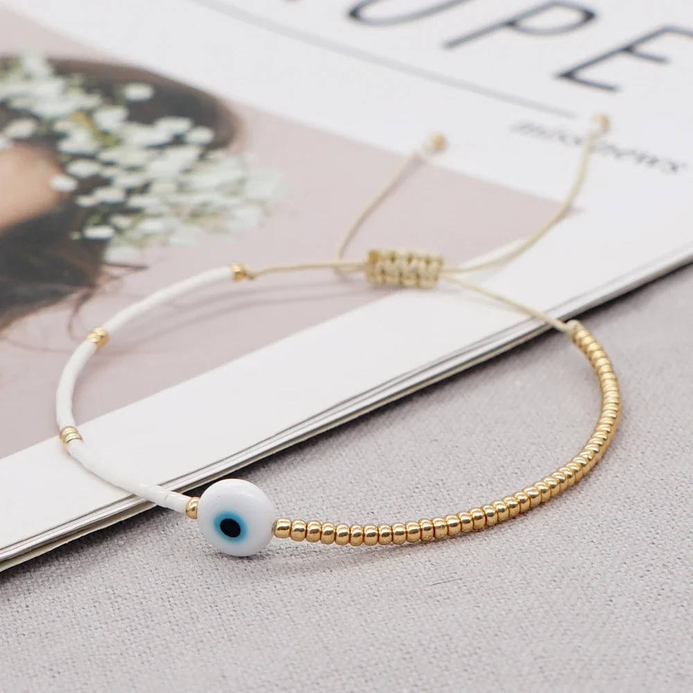 Go2BoHo Evil Eye Bracelet Miyuki Dainty Tiny Beaded Simple Bracelets for Women Fashion Jewelry Gold