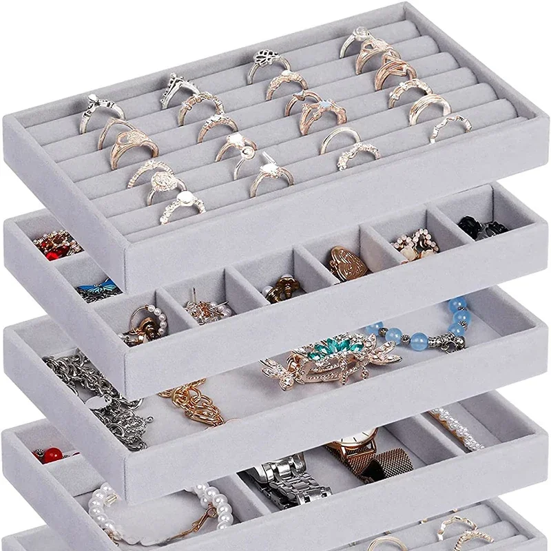 Soft Velvet Stackable Jewelry Tray Case Jewelry Display Storage Box Portable Ring Earrings Necklace