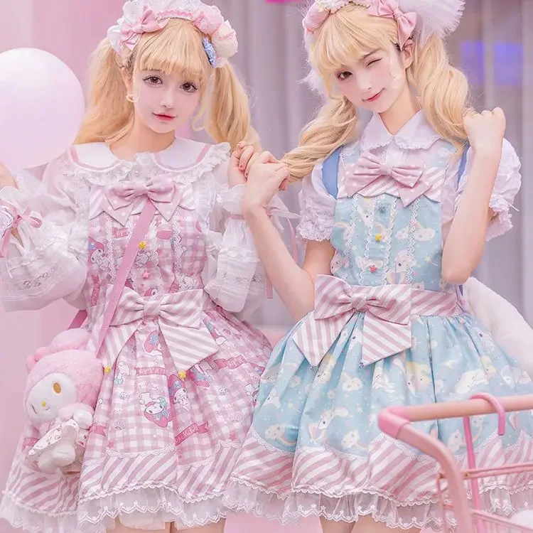 Sanrio Cartoon Cinnamoroll Kuromi Lolita Dress Kawaii My Melody Bow Lace Dress Princess Dress