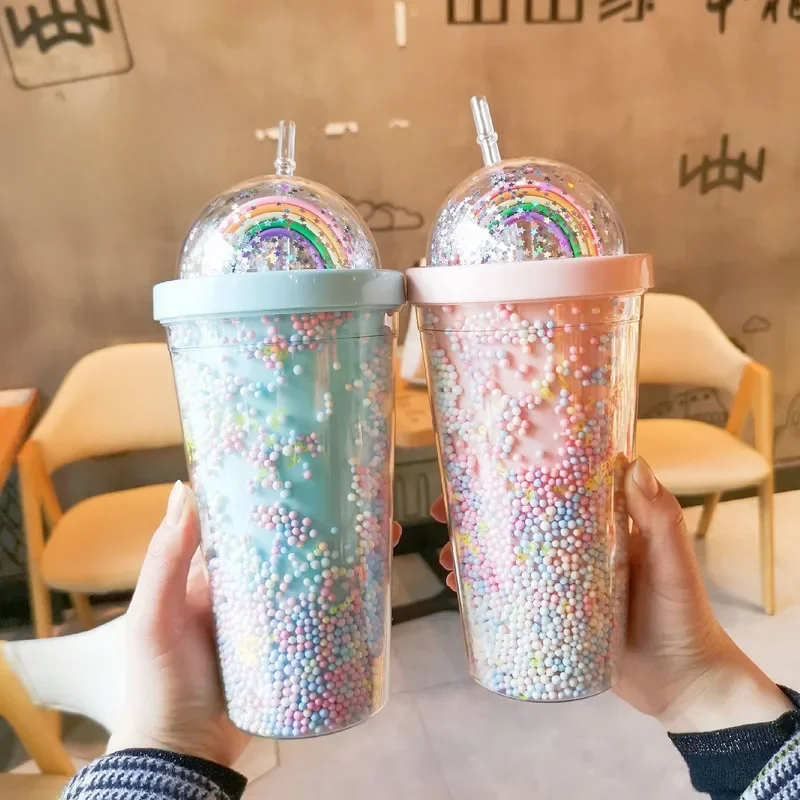 Cartoon Cute Rainbow Cup with Straw Double Plastic BPA Free Woman Girl Water Bottle for Juice Milk