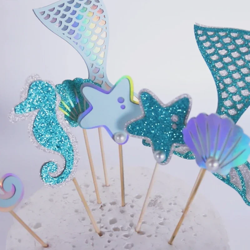 Glitter Mermaid Tail SeahorseStarfish Cake Topper Girl Birthday Party Decoration Mermaid Party