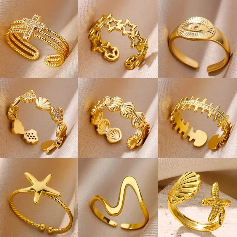 Vintage Shell Rings For Women Gold Color Stainless Steel Shell Ring Finger Wedding Statement Summer