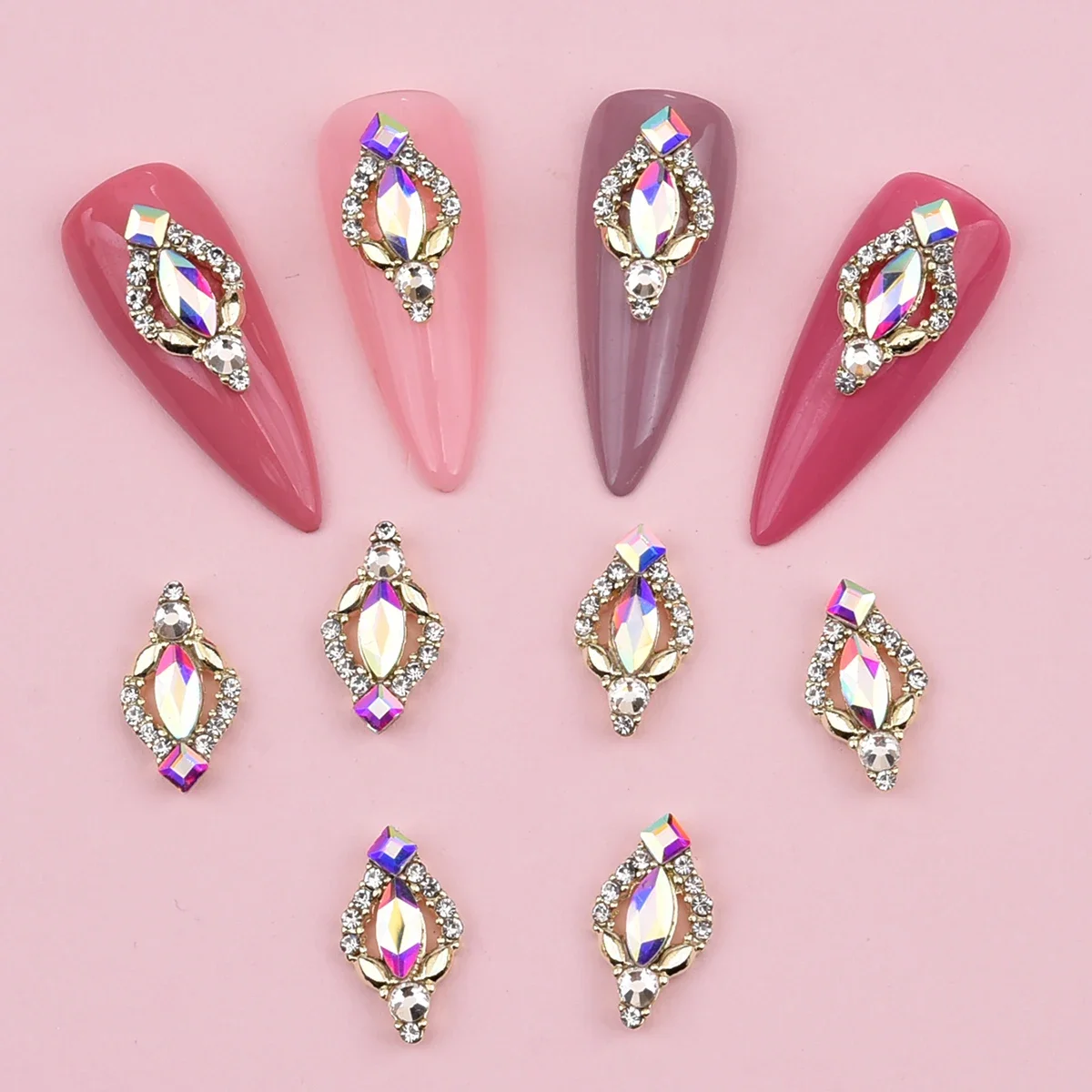 10pcs Gold 3D Nail Art Charms Shape Crystal Rhinestone Stones Nail Jewelry For Acrylic Nail Designer