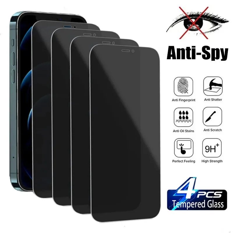 4Pcs Privacy Screen Protectors for IPhone 15 12 13 14 Pro Max Mini 7 8 Plus Anti-spy Tempered Glass