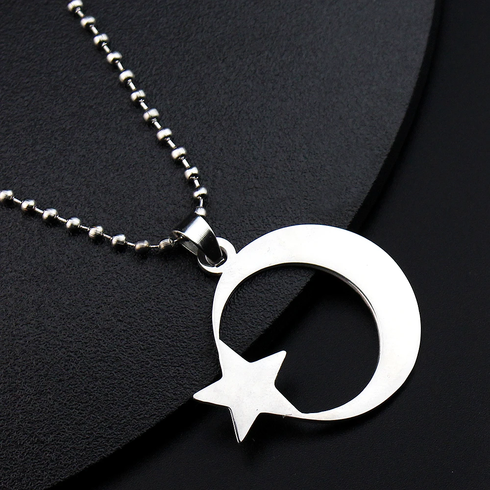 Stainless Steel Crescent Moon Star Necklace for Men Women Spiritual Islamic Muslim Amulet Pendant